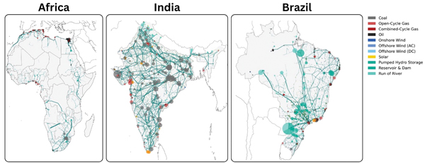 Figure 2. Examples of regional power system applications supported by PyPSA-Earth. The lines represent transmission and distribution infrastructure, and the size and colour of the circles depict the size, share and type of generating capacity PyPSA fig 2 power systems