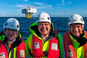 Visited Arkona offshore wind farm by boat: Pål Eitrheim (left), Equinor’s executive vice president for New Energy Solutions, Norwegian petroleum and energy minister Kjell-Børge Freiberg and chair of the Equinor board Jon Erik Reinhardsen. (courtesy Eskil Eriksen / Equinor ASA) Arkona OWF opening