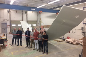 Ribbon-Cutting for first PowerCone blade (l-r): Will Moser (Senior Fabricator -CCI), Bachir Rabbat (Chairman, Biome), Ryan Church (CEO & CTO, Biome), Lewis Ranger (Senior Fabricator - CCI), Phil Locker (Shop Foreman - CCI), Amanda Klehr (Engineering Lead, Quality Assurance - CCI), Kien Lamson (Head of Product Development, Biome) Biome Powercone 1st blade Ribbon Cutting