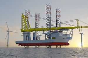 The four legs with lattice structure will be able to operate in water depths of approximately 80 meters Jack up vessel Voltaire Jan de Nul
