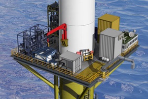 A standard wind turbine is mounted to a floating foundation. This foundation also serves as a platform for the water injection system win win joint industry project