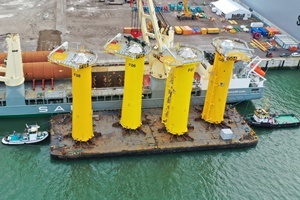 Transition pieces for the Saint-Nazaire offshore wind project being loaded on a barge at the production facility of Smulders in Hoboken Belgium Enerpac TP system St Nazaire OWF 2