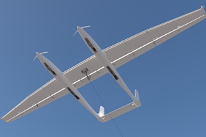 The Ampyx Power system consists of a ground-based winch generator, a launch and land platform, and small, aircraft-shaped device Image of Ampyx aircraft device 2