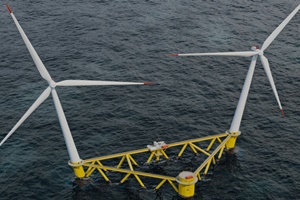 TwinWind design consists of a triangular, floating steel structure with two turbines on inclined towers that rotate freely with the wind direction Twinway Hexicon