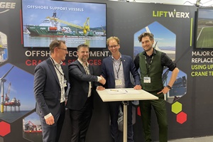 F.l.t.r.: Arnout Vonk (Product Manager KenzFigee), Maikel Takken (CEO KenzFigee), Eelko May (Managing Director LiftWerx Europe) and Gerben Ficker (Project Manager and Technical Sales, LiftWerx Europe). 2022 09 29 Contract signing KenzFigee and LiftWerx 3 up tower cranes hr def