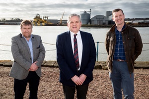 Tom Hutchison, Bill Main and Dave Doogan MP met to discuss Balmoral’s new quayside facility at Montrose Port Balmoral invests in new quayside facility in Montrose